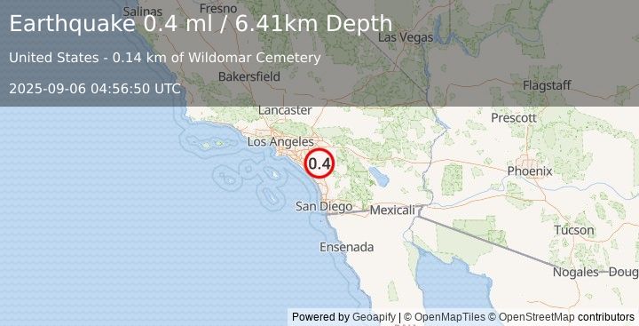 Earthquake 1 km NNE of Wildomar, CA (0.4 ml) (2025-09-06 04:56:50 UTC)