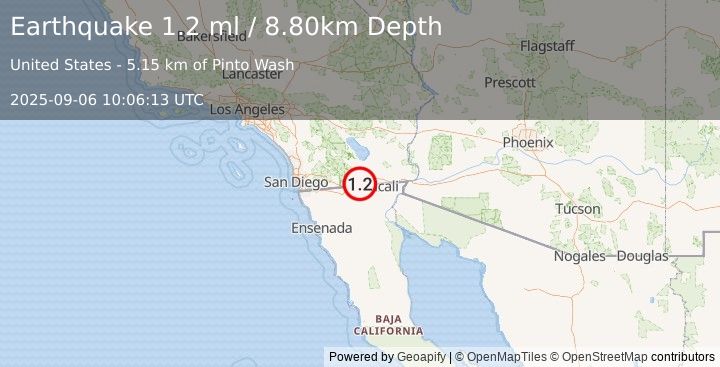 Earthquake 20 km NW of Progreso, B.C., MX (1.2 ml) (2025-09-06 10:06:12 UTC)