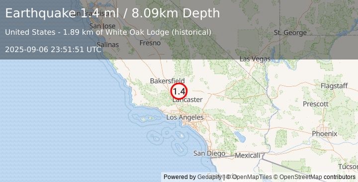 Earthquake 15 km SSW of Tehachapi, CA (1.4 ml) (2025-09-06 23:51:51 UTC)