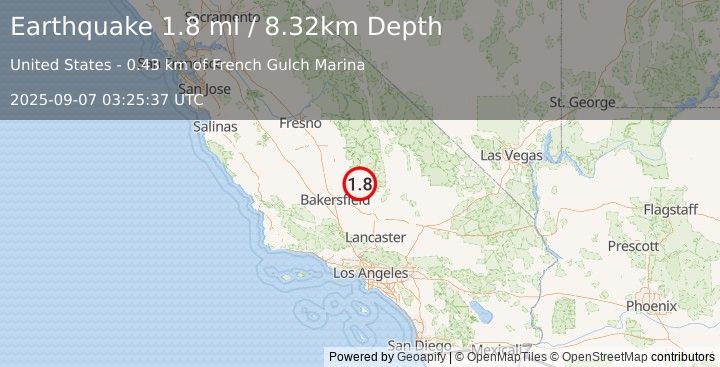 Earthquake 4 km N of Lake Isabella, CA (1.8 ml) (2025-09-07 03:25:37 UTC)