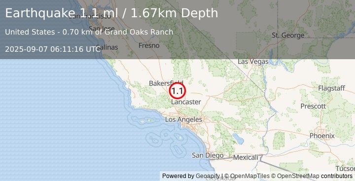 Earthquake 6 km WSW of Tehachapi, CA (1.1 ml) (2025-09-07 06:11:16 UTC)