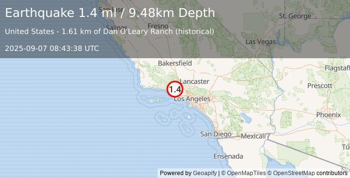 Earthquake 8 km WNW of Fillmore, CA (1.3 ml) (2025-09-07 08:43:39 UTC)