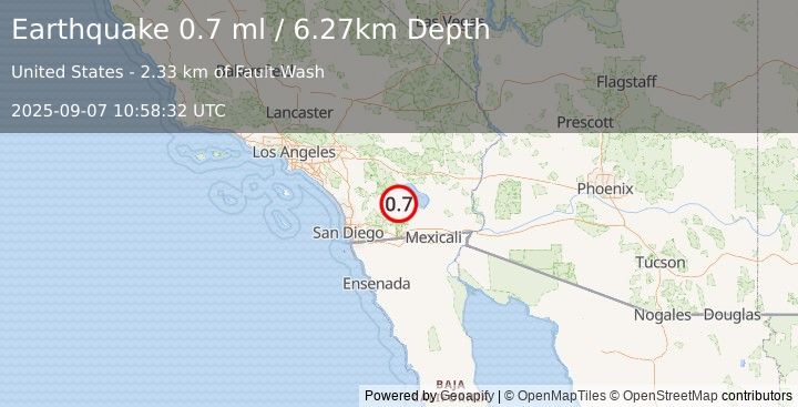 Earthquake 6 km NNW of Ocotillo Wells, CA (0.7 ml) (2025-09-07 10:58:32 UTC)