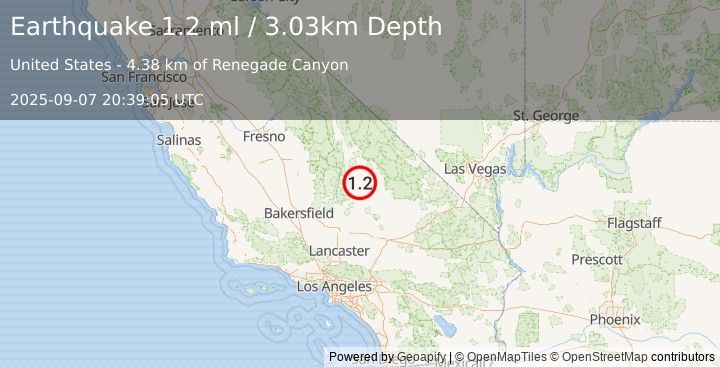 Earthquake 21 km ESE of Little Lake, CA (1.2 ml) (2025-09-07 20:39:05 UTC)