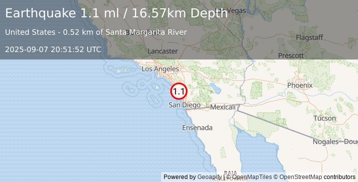 Earthquake 4 km W of Camp Pendleton South, CA (1.0 ml) (2025-09-07 20:51:51 UTC)