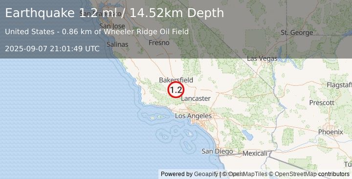 Earthquake 12 km NW of Grapevine, CA (1.2 ml) (2025-09-07 21:01:49 UTC)