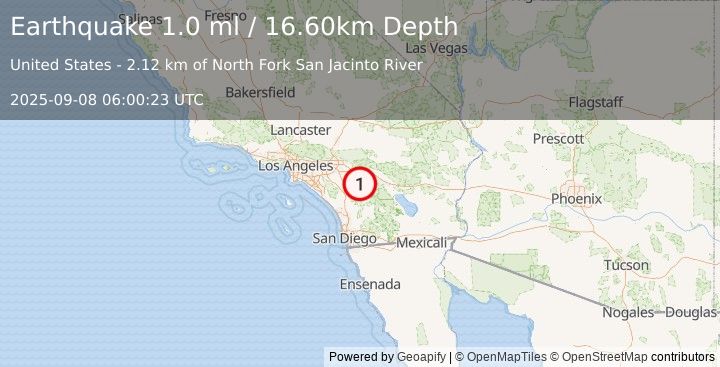 Earthquake 7 km ESE of Valle Vista, CA (1.0 ml) (2025-09-08 06:00:23 UTC)