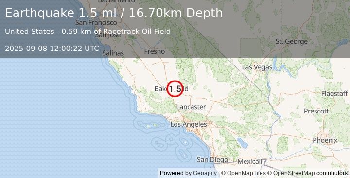 Earthquake 12 km NNE of Lamont, CA (1.5 ml) (2025-09-08 12:00:22 UTC)