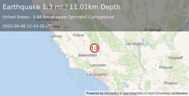 Earthquake 12 km N of Kernville, CA (1.3 ml) (2025-09-08 12:43:26 UTC)