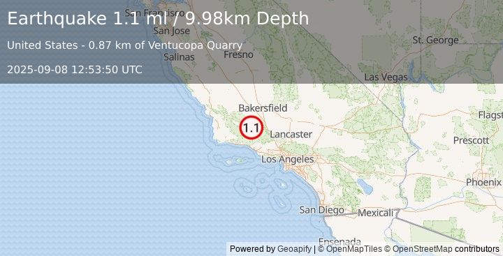 Earthquake 21 km W of Pine Mountain Club, CA (1.1 ml) (2025-09-08 12:53:50 UTC)