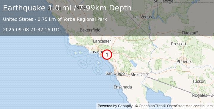 Earthquake 4 km ESE of Yorba Linda, CA (1.0 ml) (2025-09-08 21:32:16 UTC)