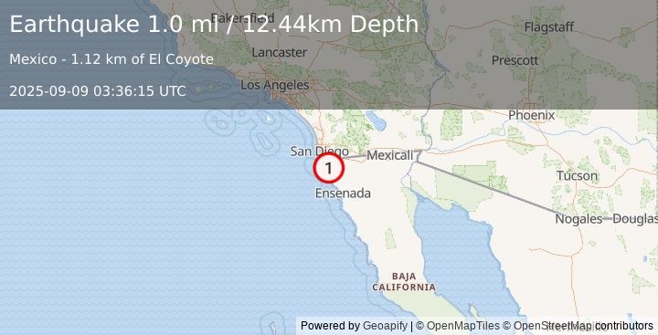 Earthquake 10 km ENE of Rosarito, B.C., MX (1.0 ml) (2025-09-09 03:36:15 UTC)