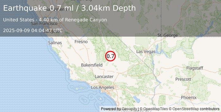 Earthquake 21 km ESE of Little Lake, CA (0.7 ml) (2025-09-09 04:04:47 UTC)