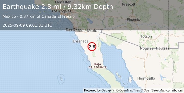 Earthquake 94 km ESE of Maneadero, B.C., MX (2.8 ml) (2025-09-09 09:01:31 UTC)