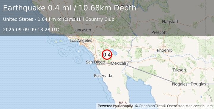 Earthquake 10 km SE of Borrego Springs, CA (0.4 ml) (2025-09-09 09:13:28 UTC)