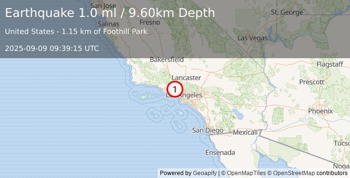 Earthquake 4 km WNW of Chatsworth, CA (1.0 ml) (2025-09-09 09:39:15 UTC)