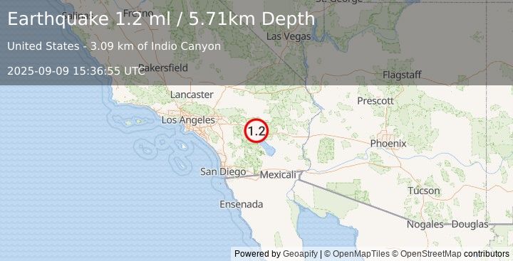Earthquake 9 km NE of Indio, CA (1.2 ml) (2025-09-09 15:36:55 UTC)