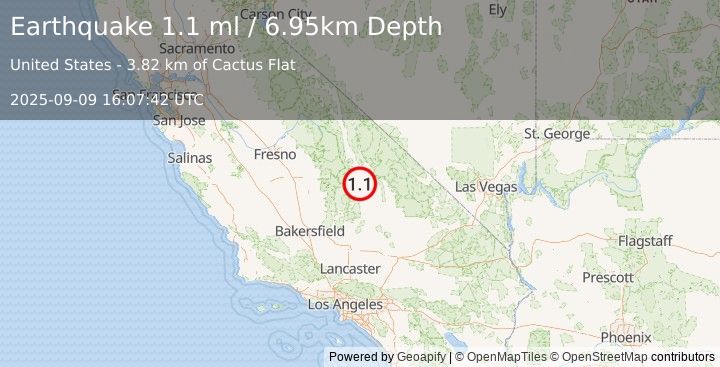 Earthquake 11 km SE of Olancha, CA (1.1 ml) (2025-09-09 16:07:42 UTC)