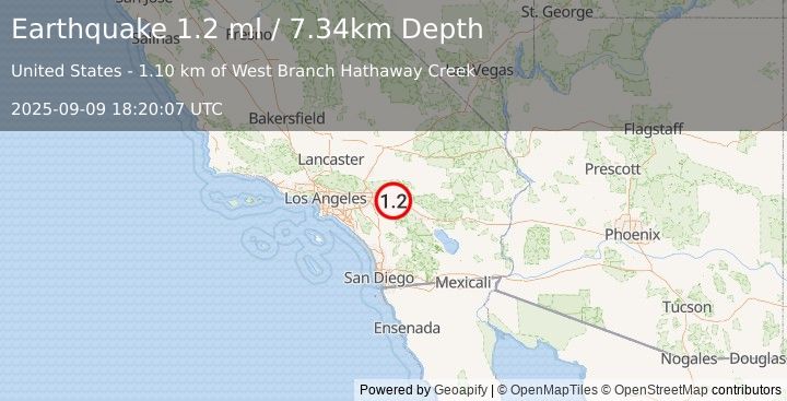 Earthquake 9 km N of Banning, CA (1.2 ml) (2025-09-09 18:20:07 UTC)