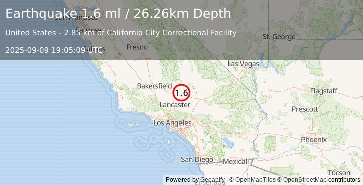 Earthquake 17 km WSW of Johannesburg, CA (1.3 ml) (2025-09-09 19:05:12 UTC)