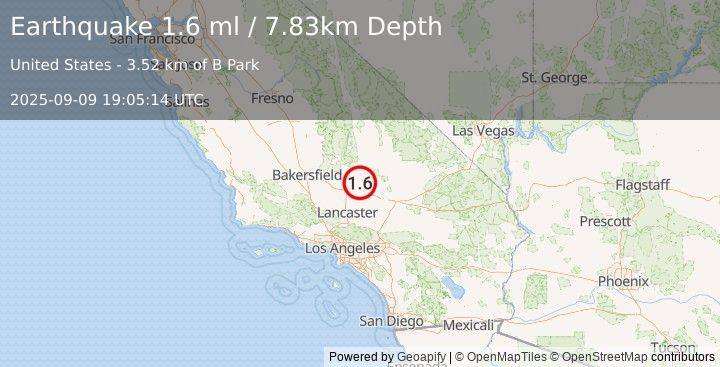 Earthquake 16 km WSW of Johannesburg, CA (1.6 ml) (2025-09-09 19:05:12 UTC)