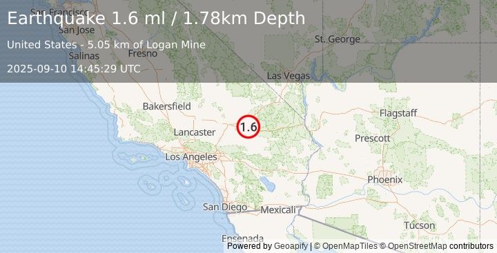 Earthquake 27 km WNW of Ludlow, CA (1.6 ml) (2025-09-10 14:45:29 UTC)