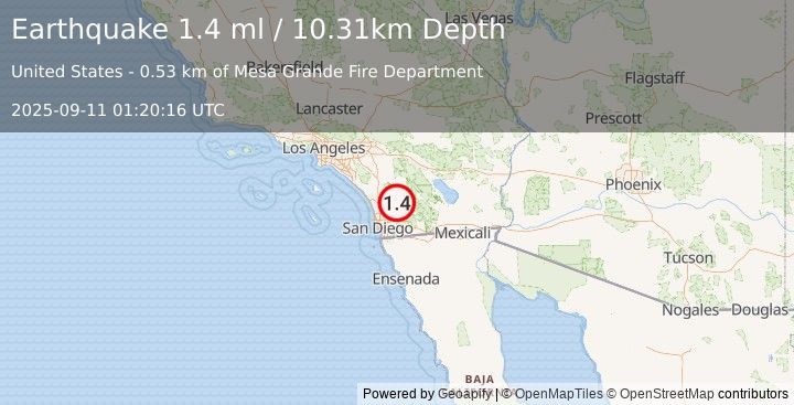 Earthquake 12 km S of Lake Henshaw, CA (1.4 ml) (2025-09-11 01:20:16 UTC)