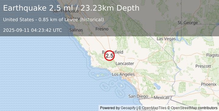 Earthquake 19 km NE of Maricopa, CA (2.5 ml) (2025-09-11 04:23:42 UTC)