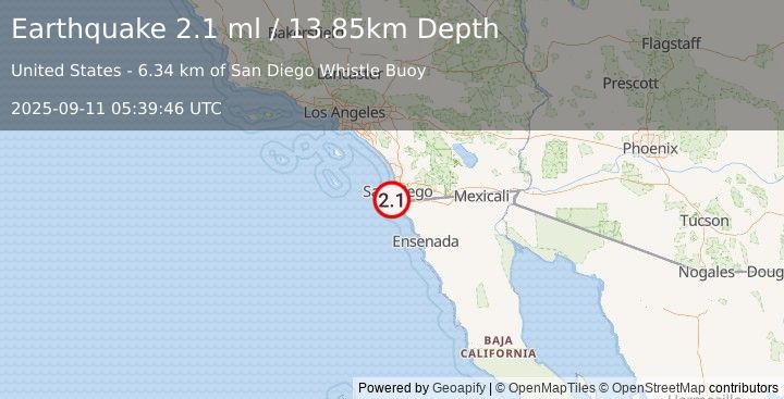 Earthquake 16 km SW of Coronado, CA (2.1 ml) (2025-09-11 05:39:46 UTC)