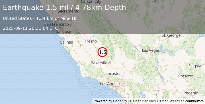 Earthquake 7 km SSE of Porterville, CA (1.6 ml) (2025-09-11 20:31:03 UTC)