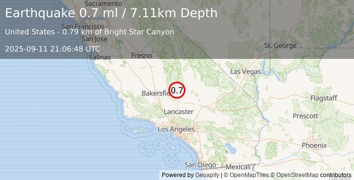 Earthquake 28 km ESE of Bodfish, CA (0.7 ml) (2025-09-11 21:06:48 UTC)