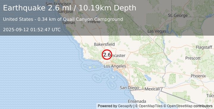Earthquake 6 km SSE of Gorman, CA (2.6 ml) (2025-09-12 01:52:47 UTC)