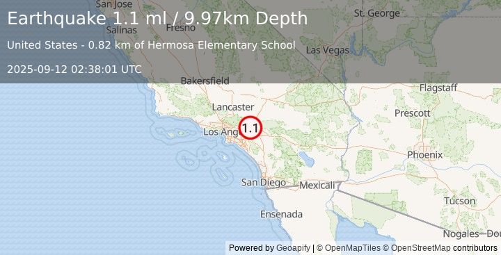 Earthquake 4 km N of Rancho Cucamonga, CA (1.1 ml) (2025-09-12 02:38:01 UTC)