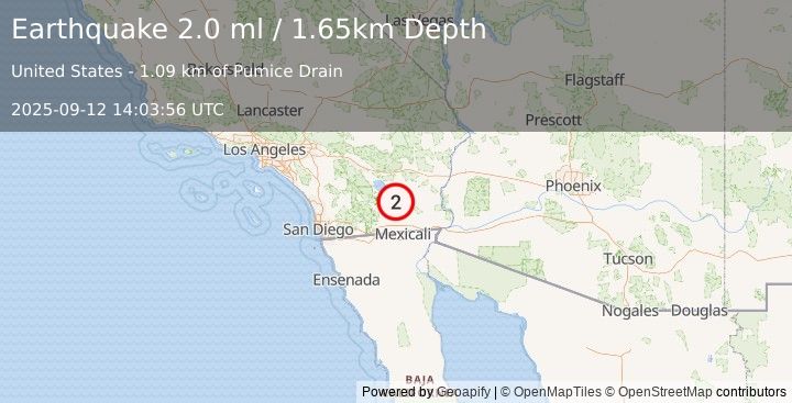 Earthquake 11 km WNW of Calipatria, CA (2.0 ml) (2025-09-12 14:03:56 UTC)