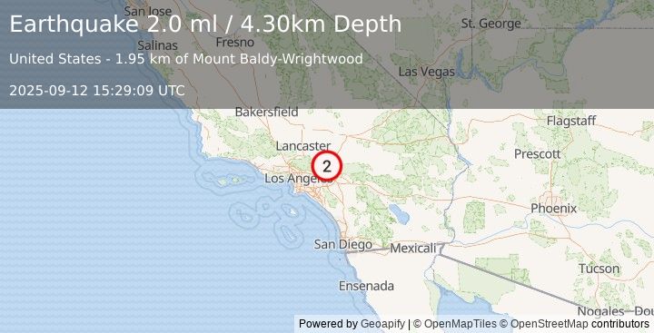 Earthquake 6 km WNW of Lytle Creek, CA (2.0 ml) (2025-09-12 15:29:09 UTC)