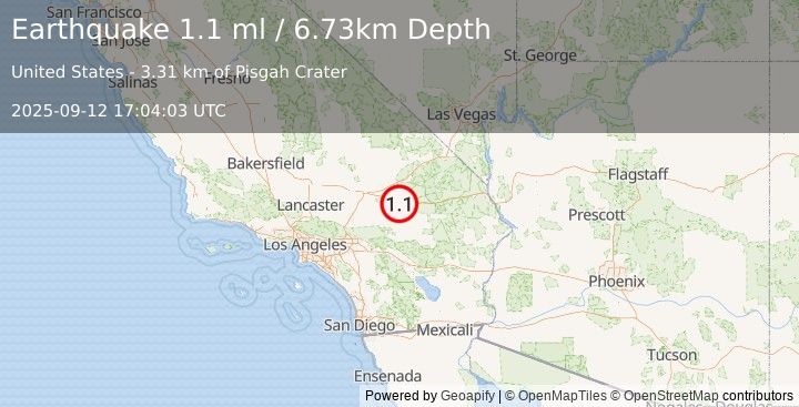 Earthquake 19 km W of Ludlow, CA (1.1 ml) (2025-09-12 17:04:03 UTC)