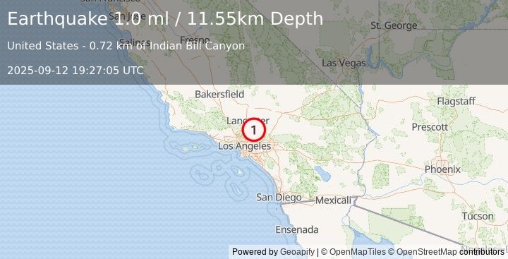 Earthquake 5 km SW of Pearblossom, CA (1.0 ml) (2025-09-12 19:27:05 UTC)
