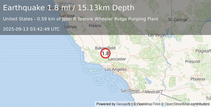 Earthquake 12 km NNW of Grapevine, CA (1.8 ml) (2025-09-13 03:42:49 UTC)