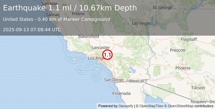 Earthquake 10 km S of Wrightwood, CA (1.1 ml) (2025-09-13 07:08:44 UTC)