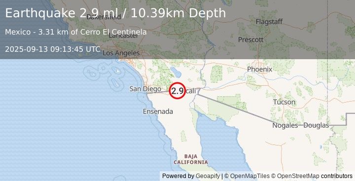 Earthquake 16 km WNW of Progreso, B.C., MX (2.9 ml) (2025-09-13 09:13:45 UTC)