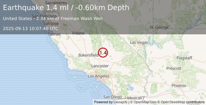 Earthquake 13 km SSW of Inyokern, CA (1.4 ml) (2025-09-13 10:07:45 UTC)