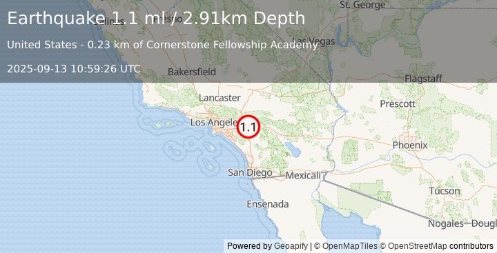 Earthquake 3 km ESE of Loma Linda, CA (1.0 ml) (2025-09-13 10:59:23 UTC)