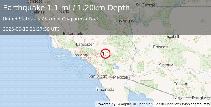 Earthquake 9 km N of Morongo Valley, CA (1.0 ml) (2025-09-13 21:27:57 UTC)