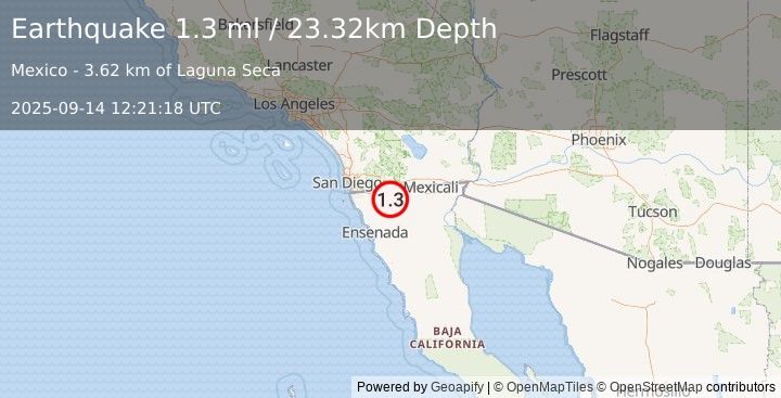 Earthquake 26 km SE of Campo, CA (1.3 ml) (2025-09-14 12:21:18 UTC)