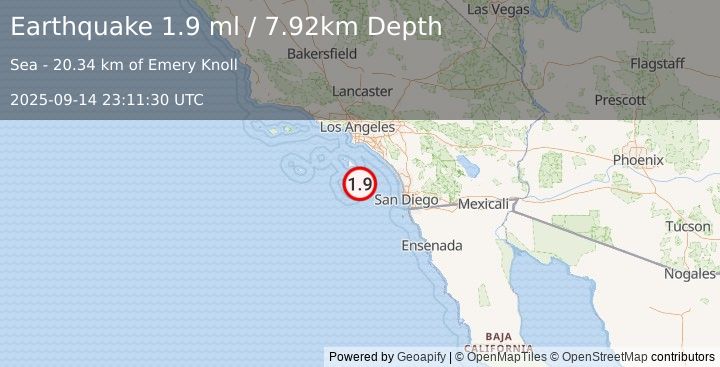 Earthquake 27 km NE of San Clemente Is. (SE tip), CA (2.0 ml) (2025-09-14 23:11:29 UTC)