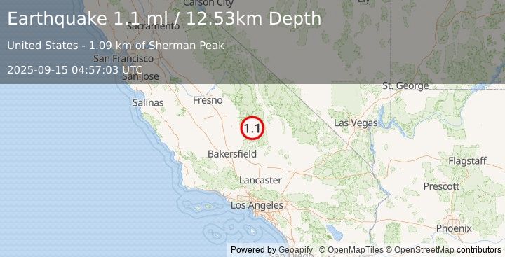 Earthquake 29 km N of Kernville, CA (1.1 ml) (2025-09-15 04:57:03 UTC)