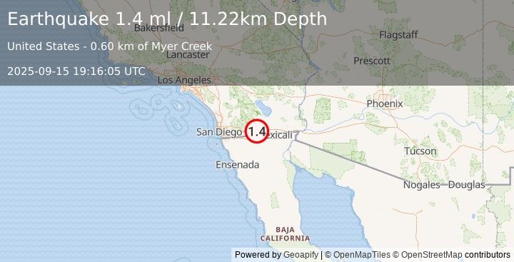 Earthquake 1 km W of Ocotillo, CA (1.4 ml) (2025-09-15 19:16:05 UTC)