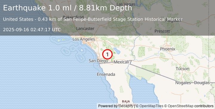 Earthquake 10 km ENE of Julian, CA (1.0 ml) (2025-09-16 02:47:17 UTC)