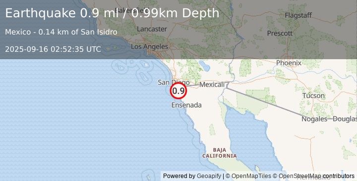 Earthquake 11 km NE of Rosarito, B.C., MX (0.9 ml) (2025-09-16 02:52:35 UTC)