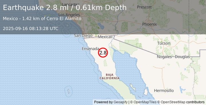 Earthquake 82 km SSW of Alberto Oviedo Mota, B.C., MX (2.8 ml) (2025-09-16 08:13:28 UTC)